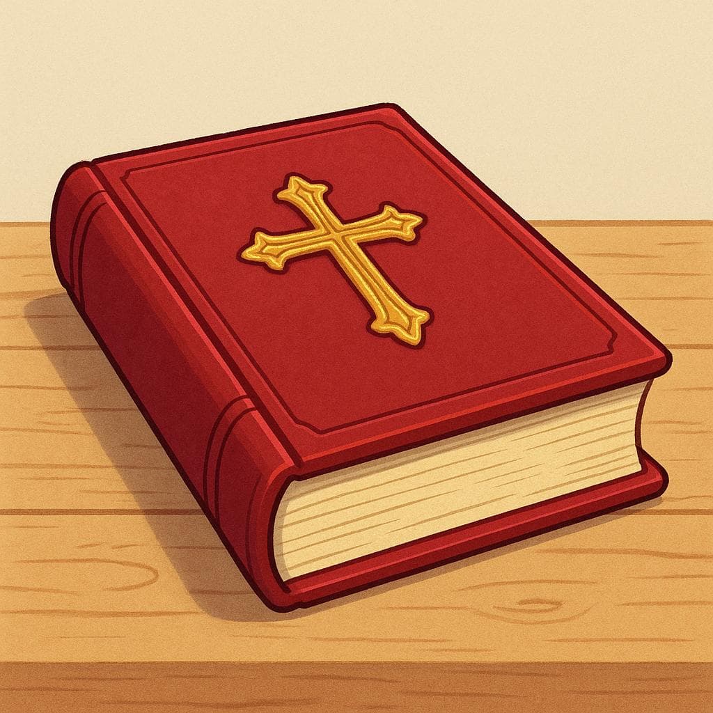 Een dik, gesloten boek met een eenvoudig kruissymbool in reliëf op de donkere kaft, wat een religieuze tekst voorstelt.