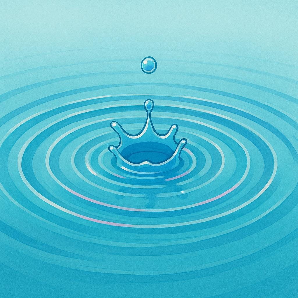 A single, brightly colored drop of water hitting a calm blue pool, causing large, concentric ripples to spread across the surface.