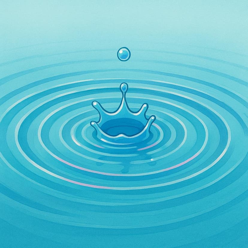 Ein einzelner, leuchtend gefärbter Wassertropfen trifft auf eine ruhige blaue Fläche und erzeugt große, konzentrische Wellen, die sich über die Oberfläche ausbreiten.