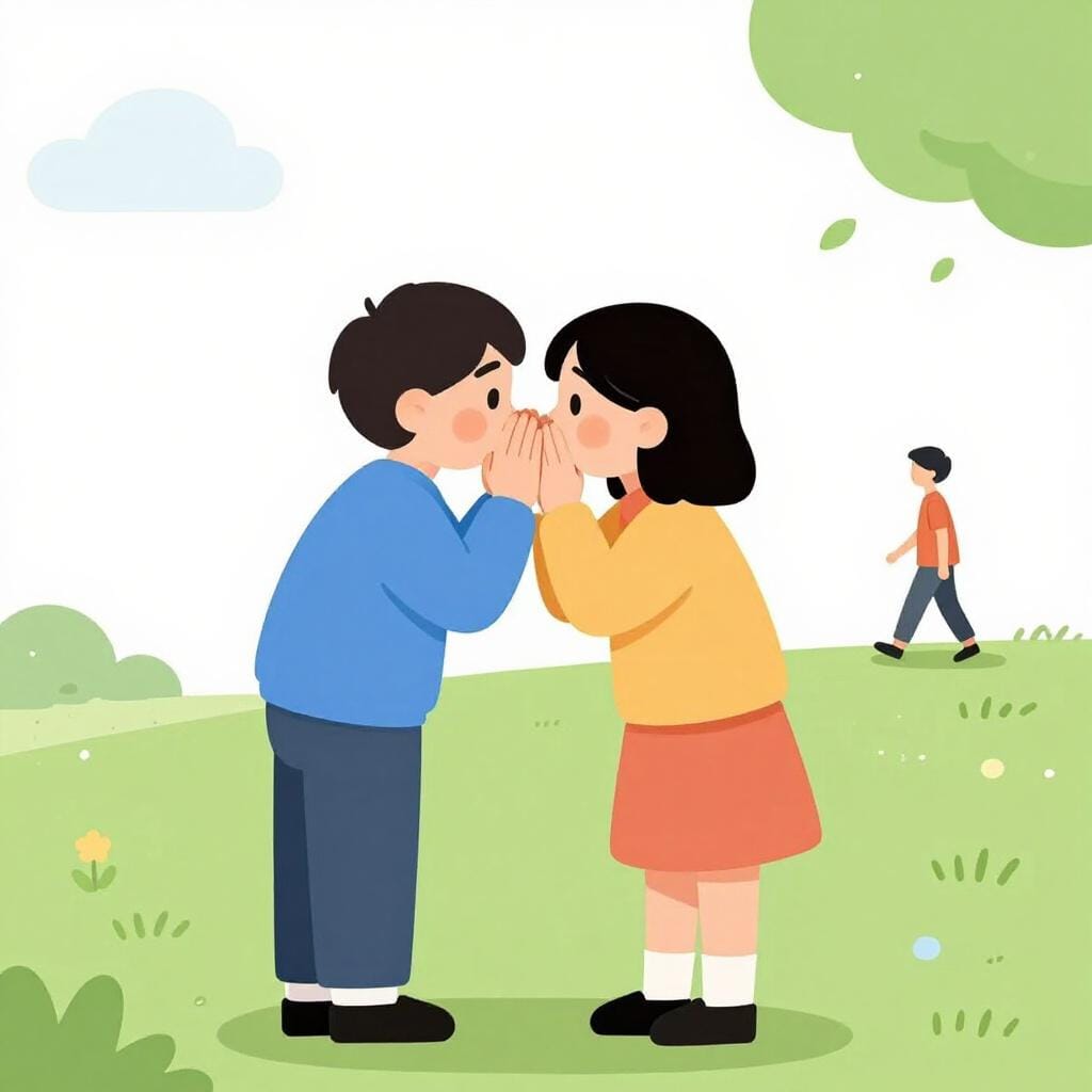 Two people whispering to each other while pointing at a third person who is walking away.