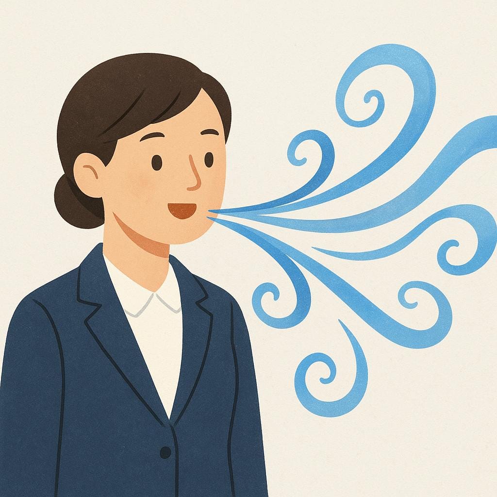 A formally dressed character speaking, with their abstract speech represented by graceful, swirling blue ribbons.