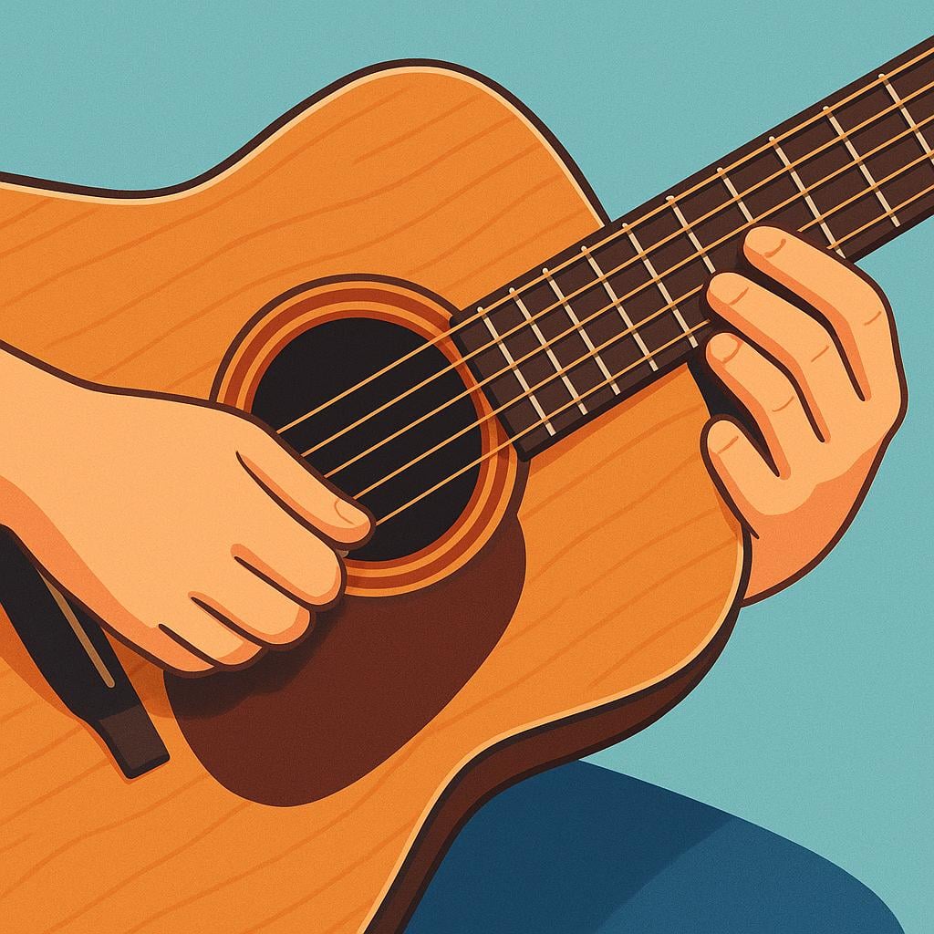 A pair of hands actively strumming the strings of a simple acoustic guitar.