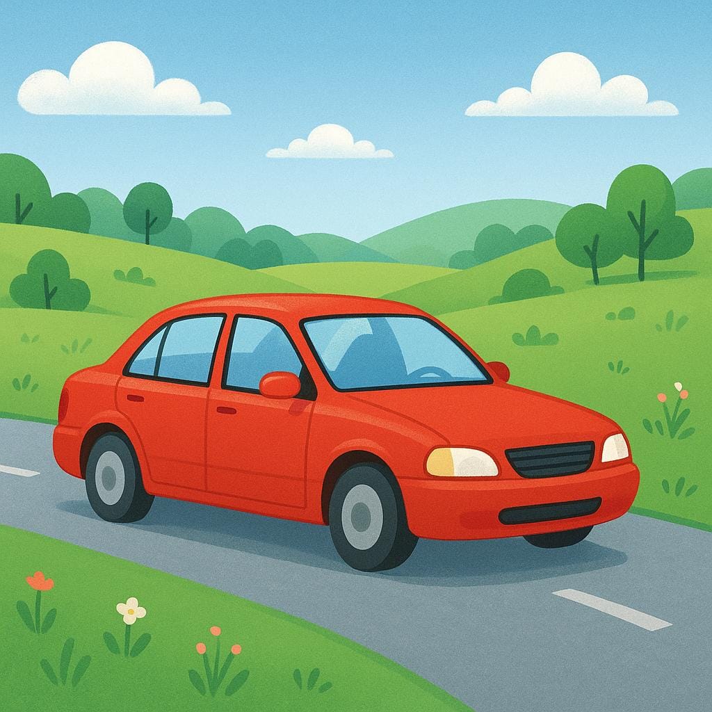 A brightly colored, simple red sedan car driving along a road.