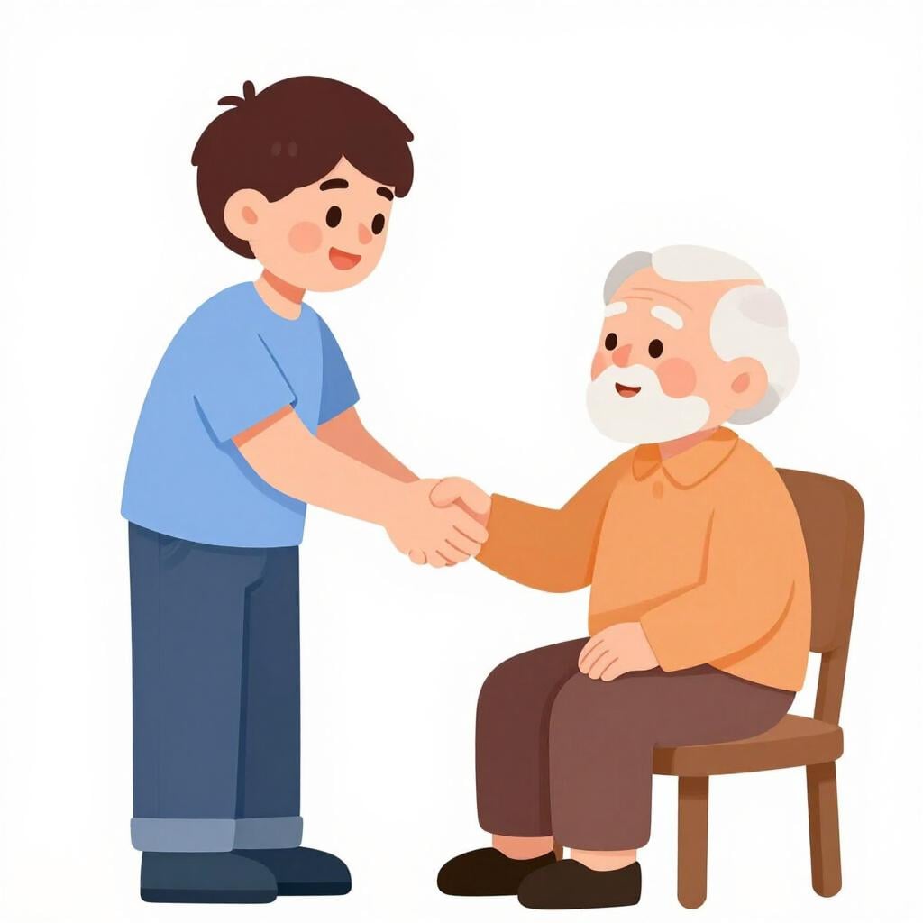 A younger person shaking hands with an older person while nodding politely.