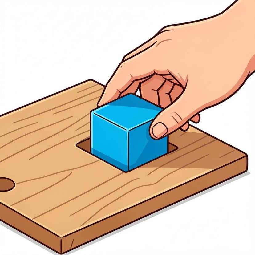 Eine Hand, die einen quadratischen Holzklotz perfekt in eine quadratische Öffnung in einem Holzbrett einsetzt.