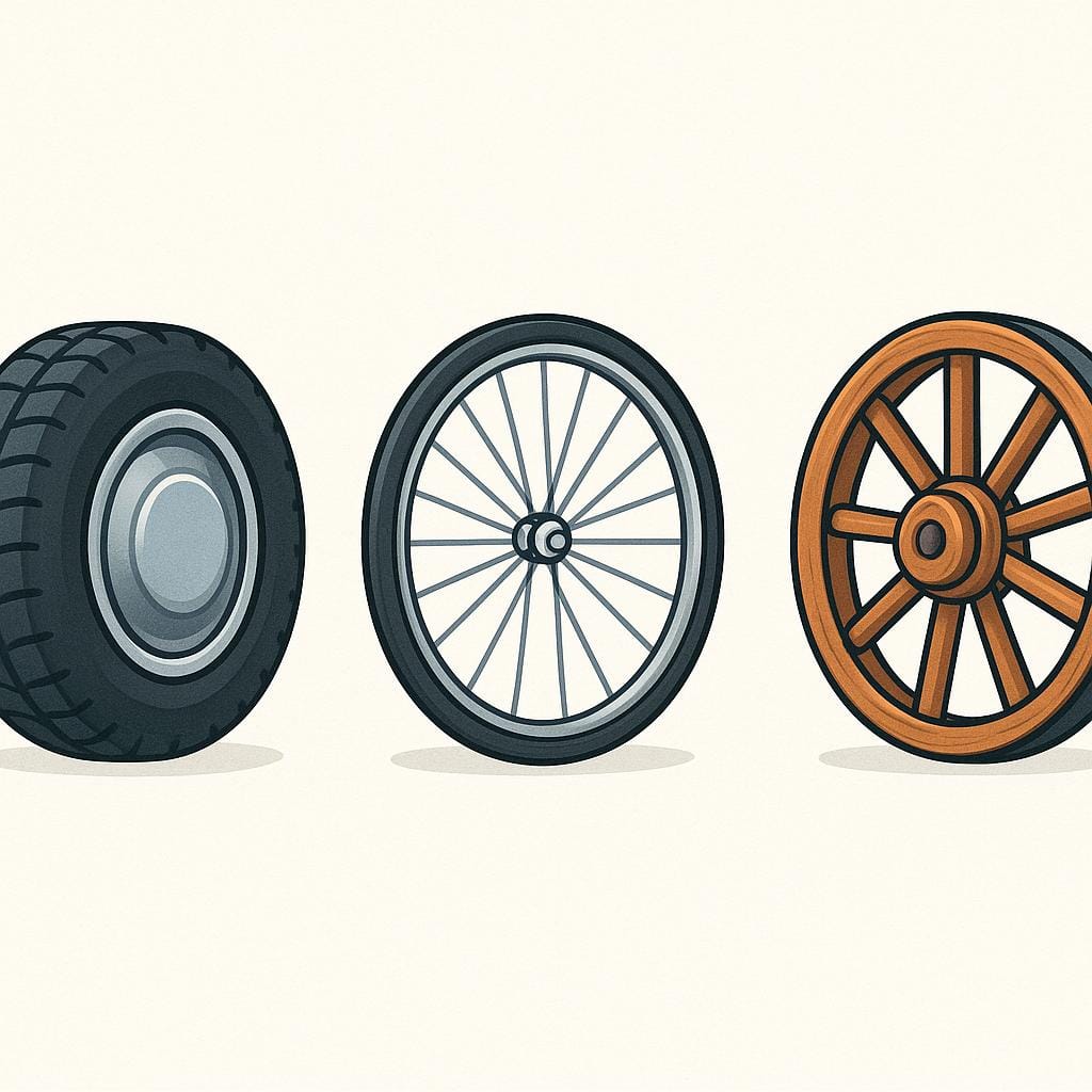 A visual depiction of three different types of simple wheels: a car tire, a bicycle wheel with spokes, and a rustic wooden cart wheel, displayed against a plain background.