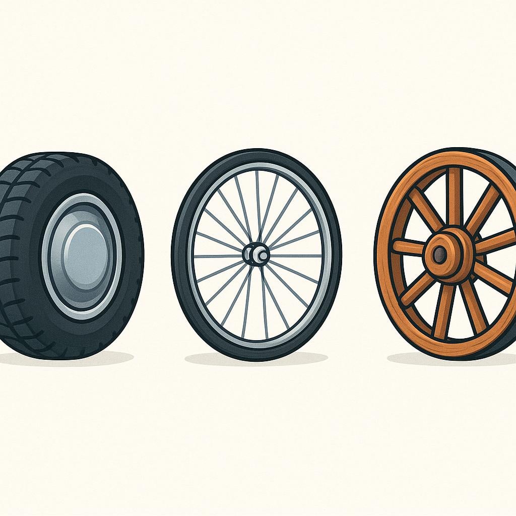 A visual depiction of three different types of simple wheels: a car tire, a bicycle wheel with spokes, and a rustic wooden cart wheel, displayed against a plain background.