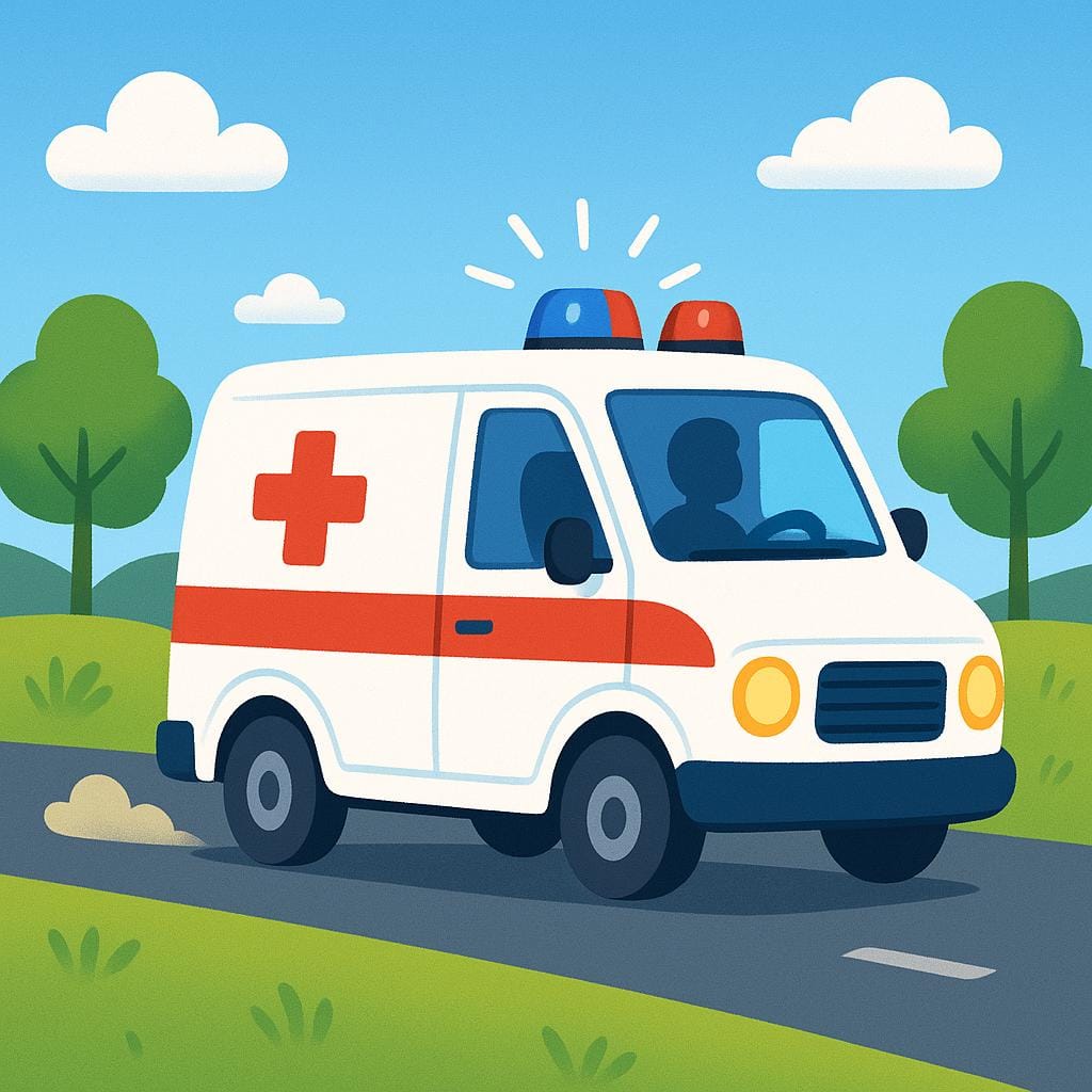 A simple illustration of a white and red ambulance vehicle driving quickly down a street.