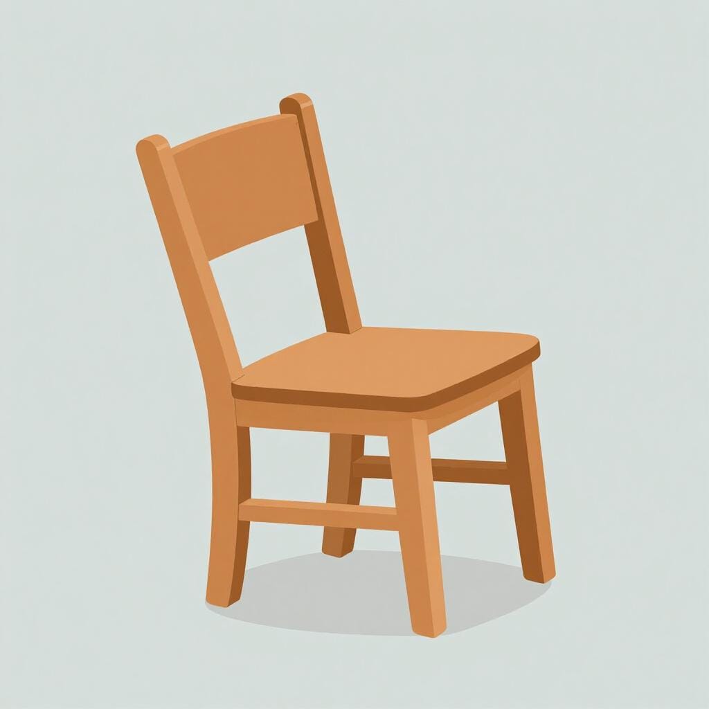 A colorful storybook illustration of a wooden chair with one leg noticeably shorter than the others, making it lean to the side.