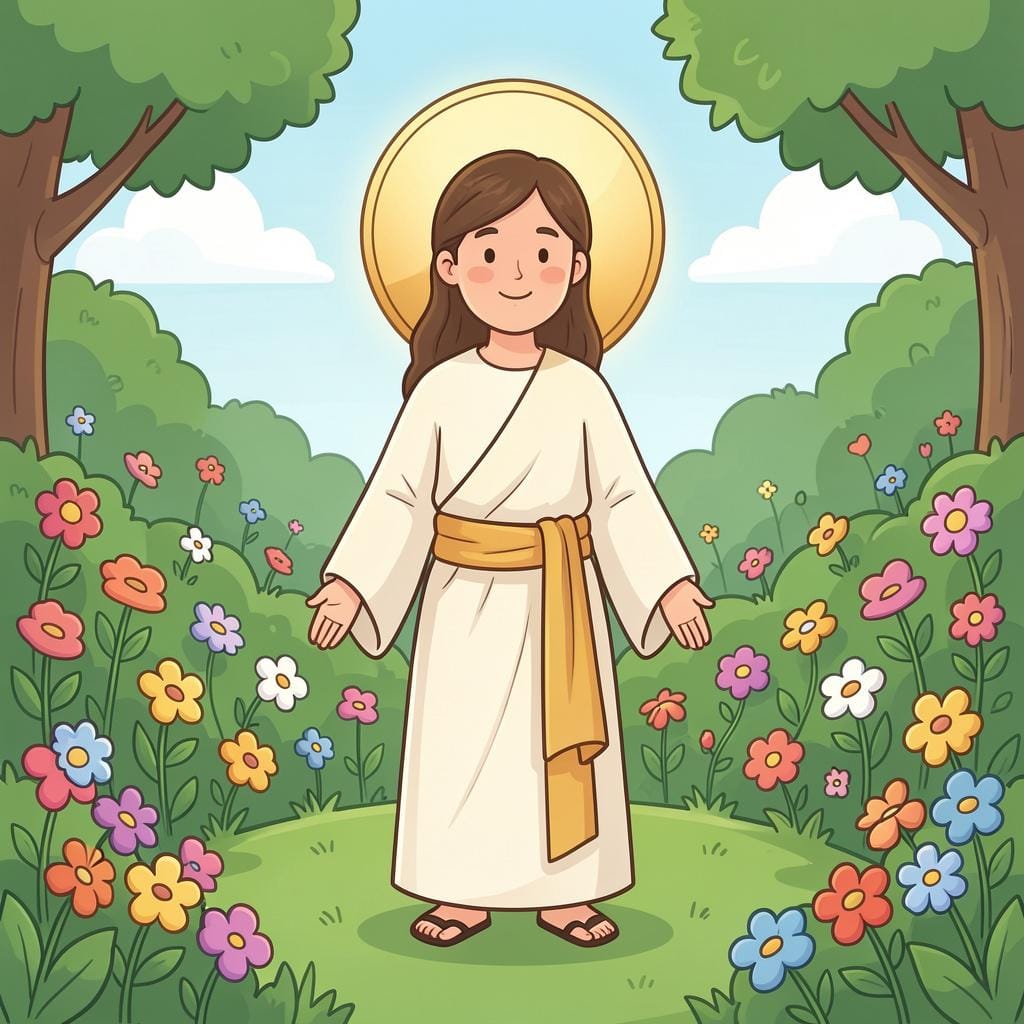 A person with a glowing halo wearing humble robes and holding a shepherd's crook.