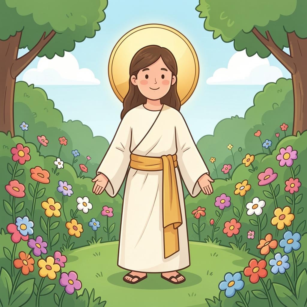 A person with a glowing halo wearing humble robes and holding a shepherd's crook.