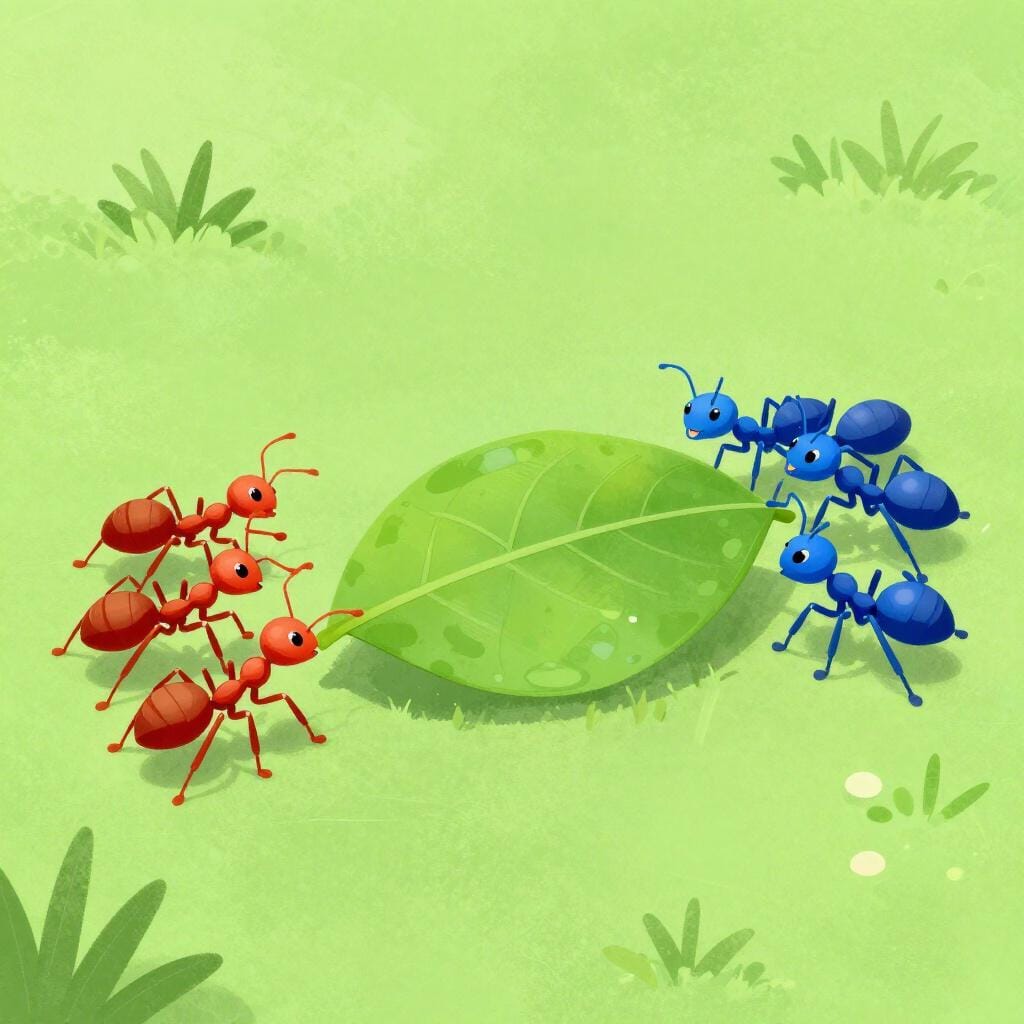 Two different colored teams of ants pulling a single leaf in opposite directions.