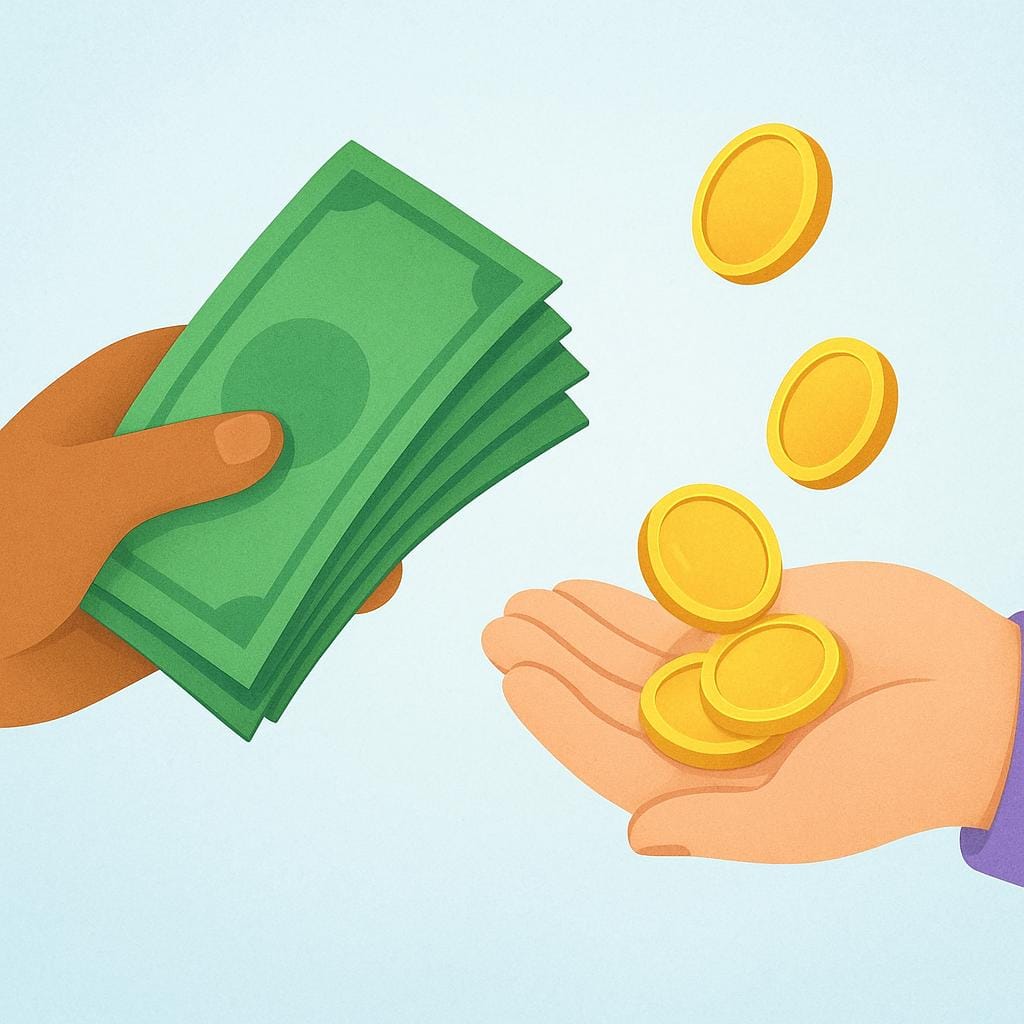 2つの異なる手が通貨を交換している。片方の手は緑色の長方形の紙幣を渡し、もう片方の手は光沢のある金色の丸いコインを受け取っている。