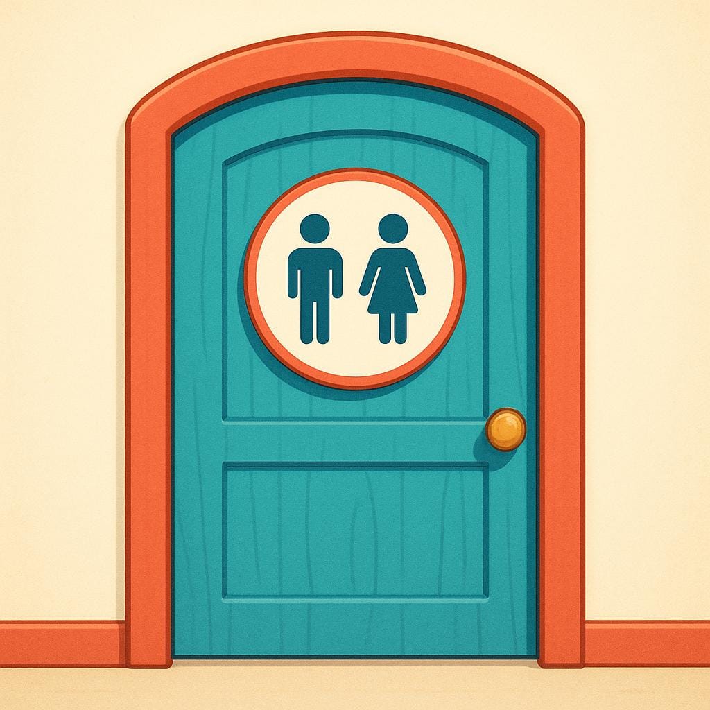 Una porta di legno semplice e colorata con un simbolo universale maschile e femminile per i servizi igienici su un cartello.