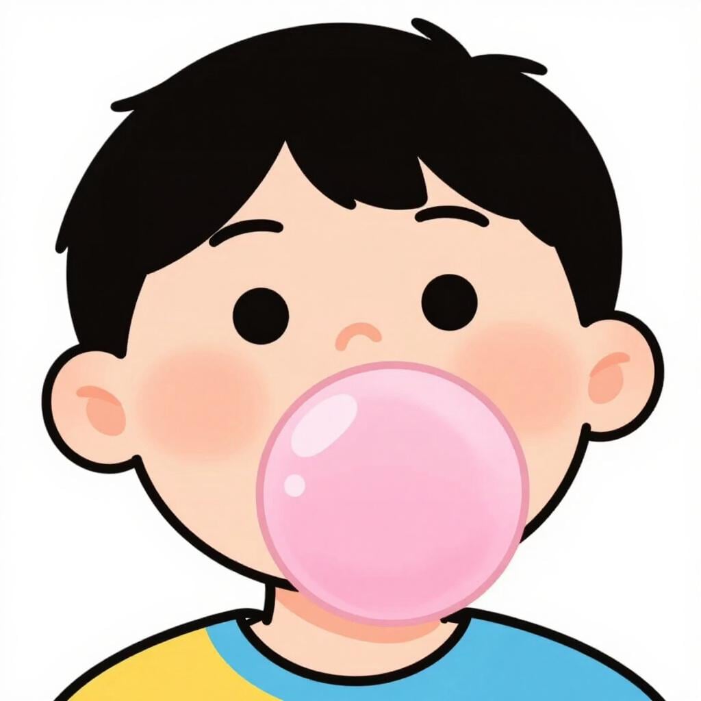 A colorful illustration of a person blowing a large pink bubble with bubblegum while their jaw is in a chewing motion.
