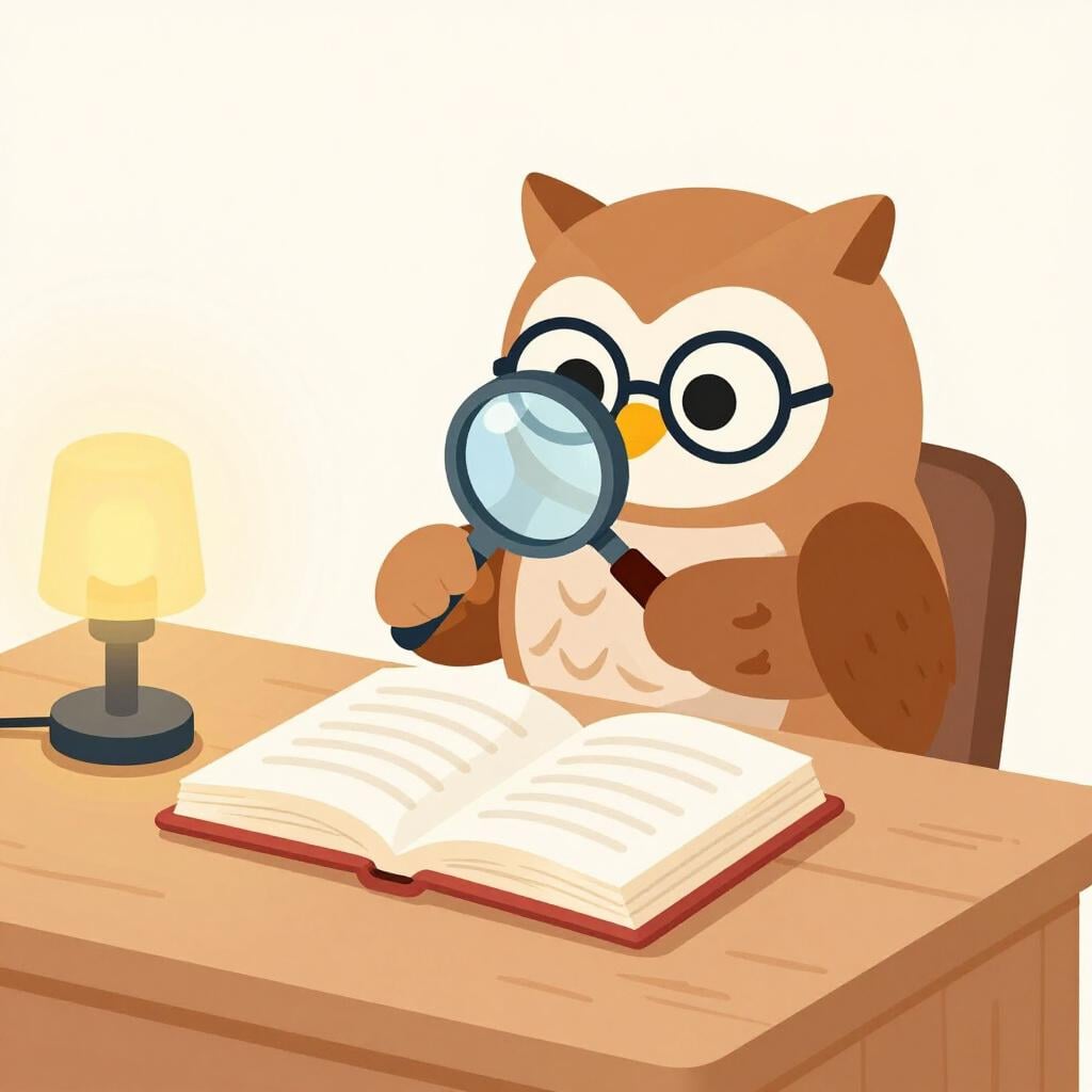 An owl wearing glasses looking closely at a very large, thick book with a magnifying glass.