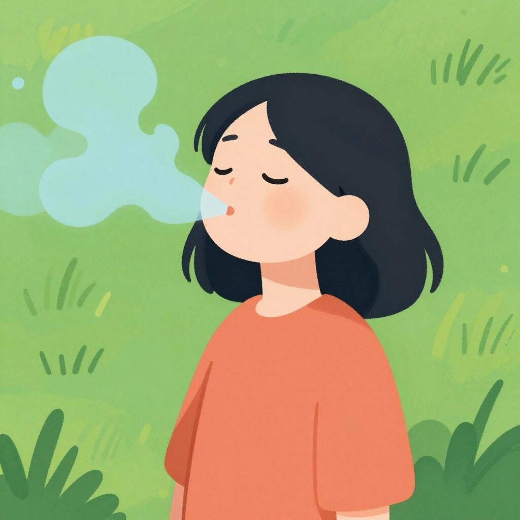 A colorful illustration of a person taking a deep breath in a field of flowers, with light blue swirls representing fresh air entering their chest.