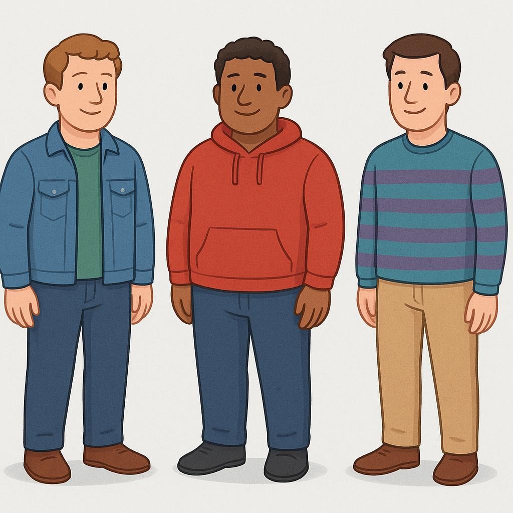 Three adult men standing together casually on a street, representing generic individuals or strangers.
