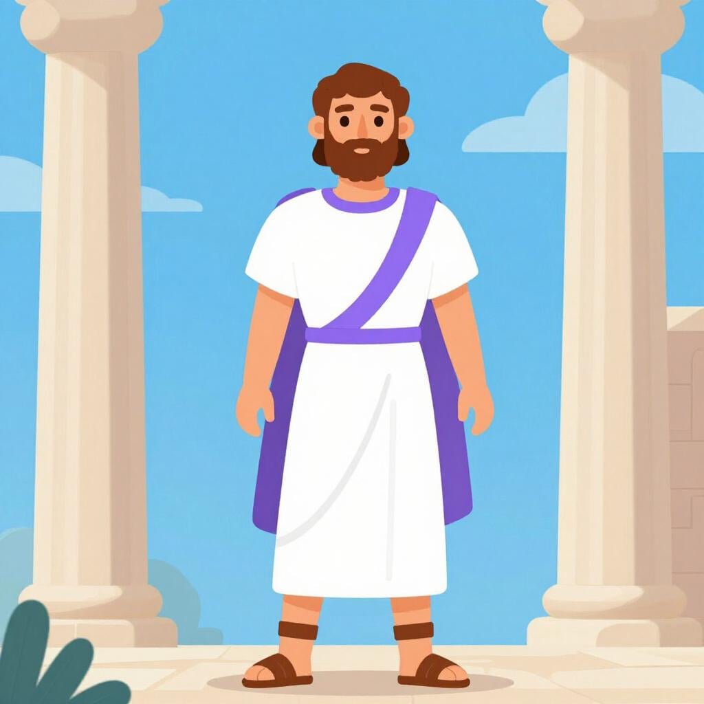 A Roman official wearing a white toga with a purple border, standing on a stone balcony.