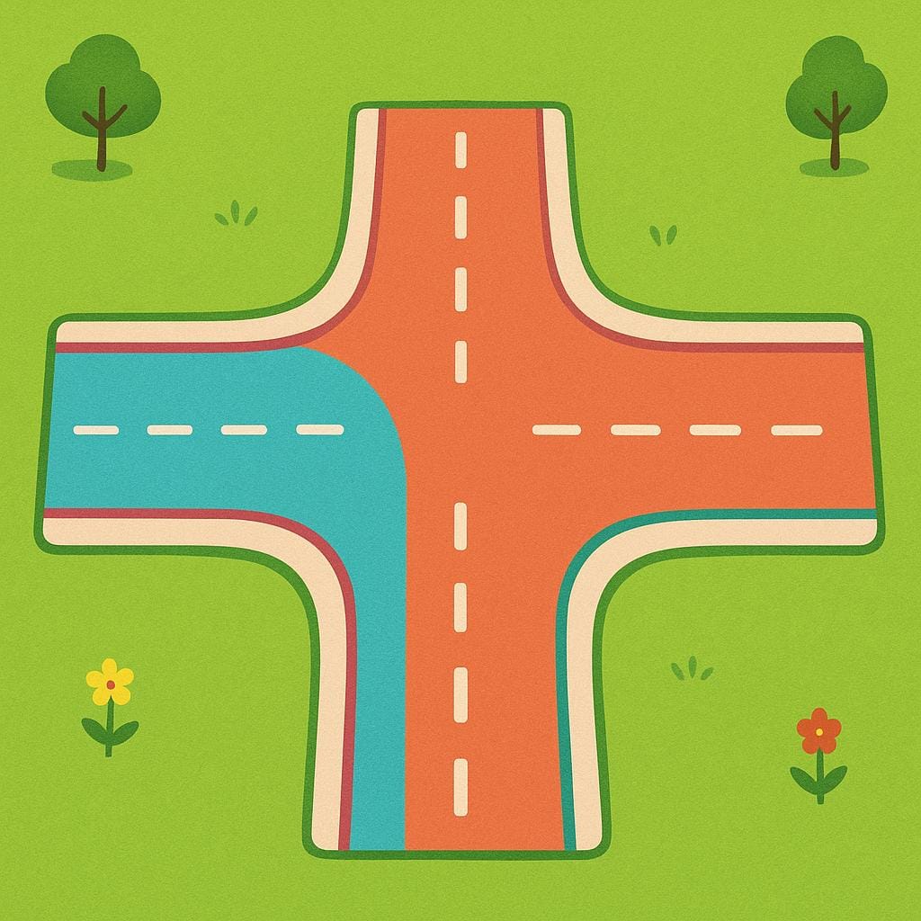A high-angle view of two simple, colorful roads meeting at a perfect four-way junction in a bright landscape.