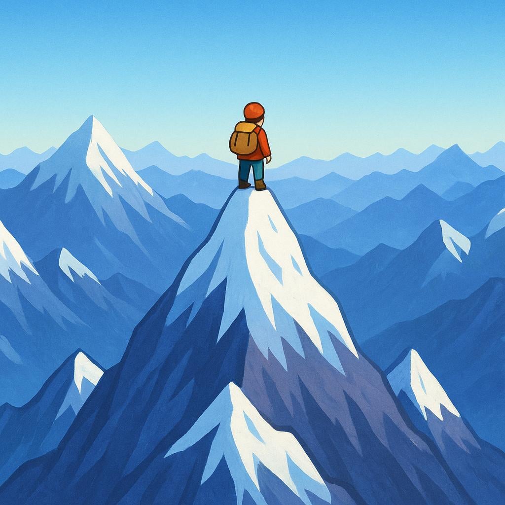 A small figure of a hiker standing triumphantly on the sharp, snowy peak of a massive mountain, signifying the highest point.