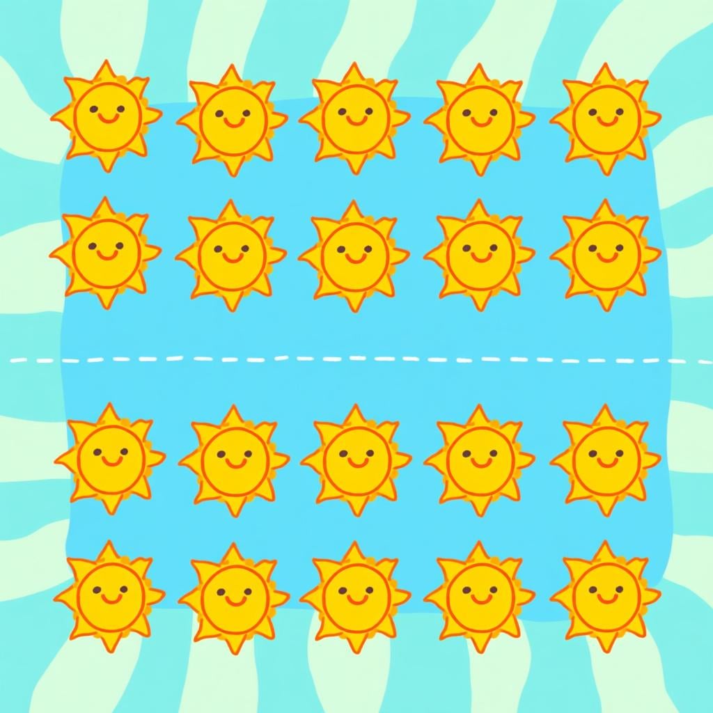 Two separate rows, each containing seven identical, simple yellow sun icons, visually representing two distinct weeks.
