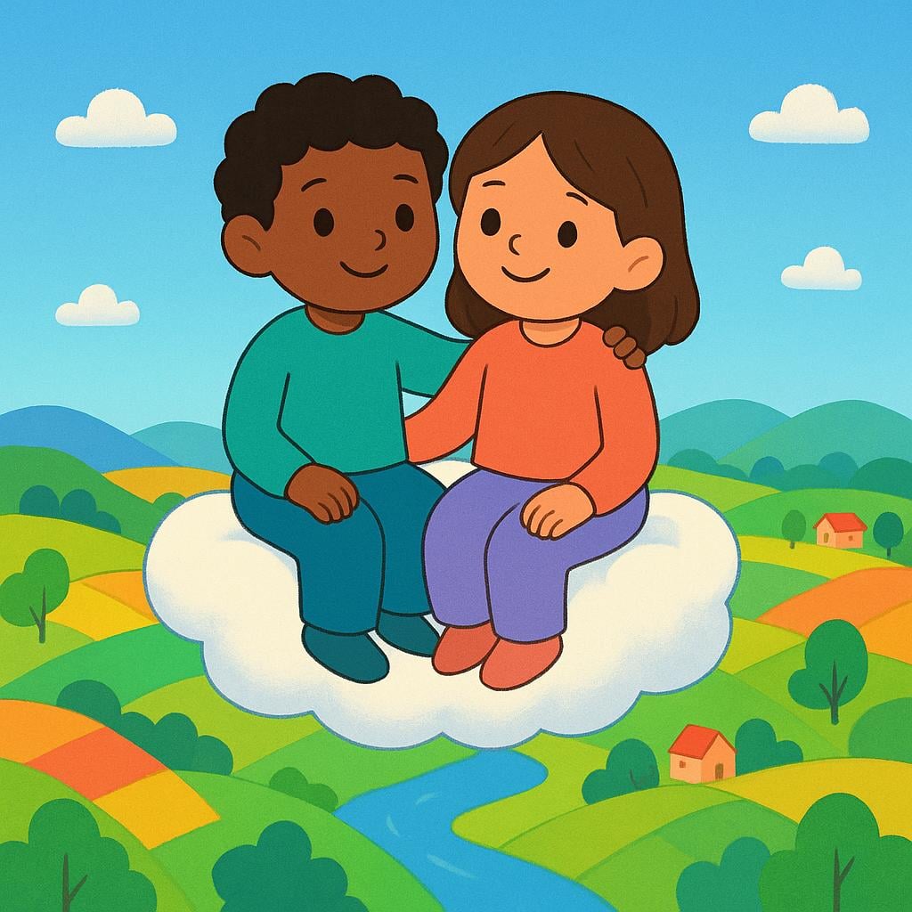 A storybook illustration showing two friends sitting happily together on a small, fluffy white cloud floating high above a colorful world, suggesting a hypothetical or temporary state of being.