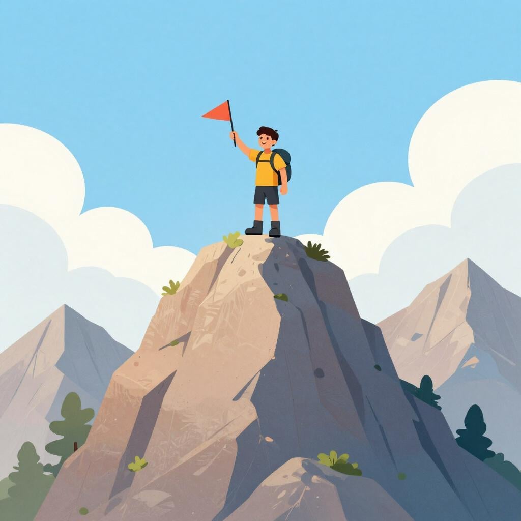 Ein Wanderer erreicht mit einer Fahne den Gipfel eines hohen Berges und blickt über die Wolken.