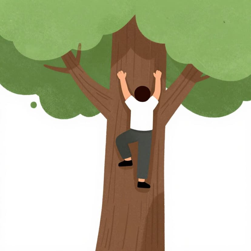 Una persona in abiti comodi che si arrampica su un grande albero verde e frondoso usando mani e piedi.