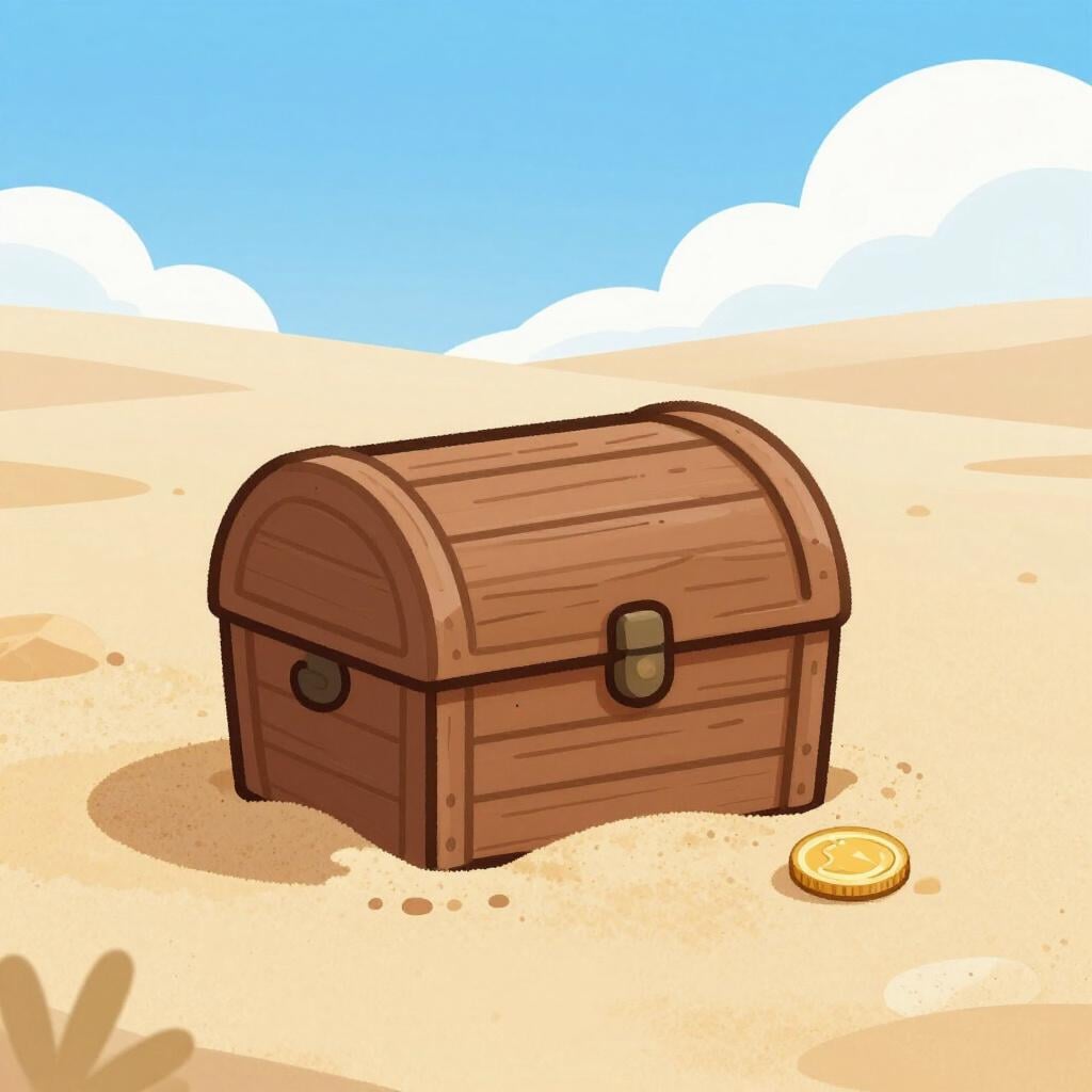 A wooden treasure chest discovered in the sand on a beach.