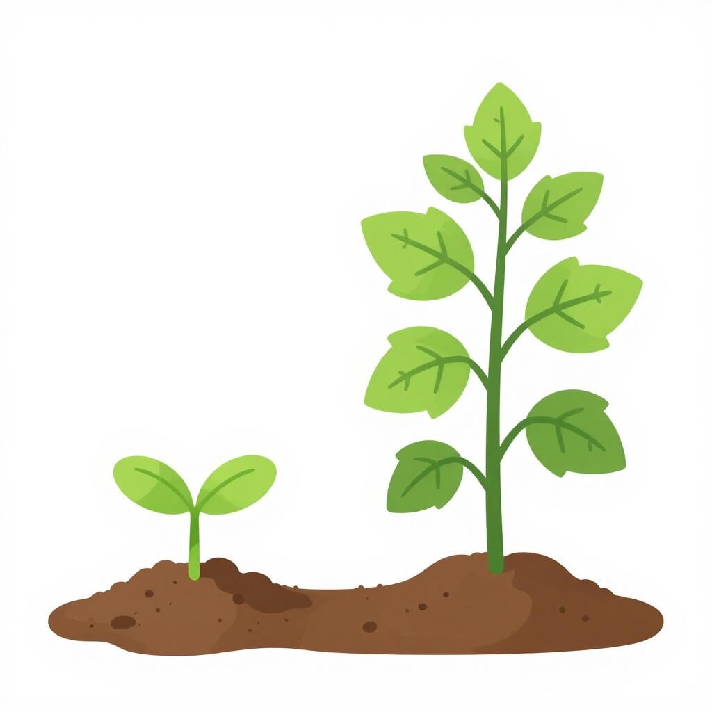 Um pequeno broto verde crescendo do solo para uma grande planta frondosa.