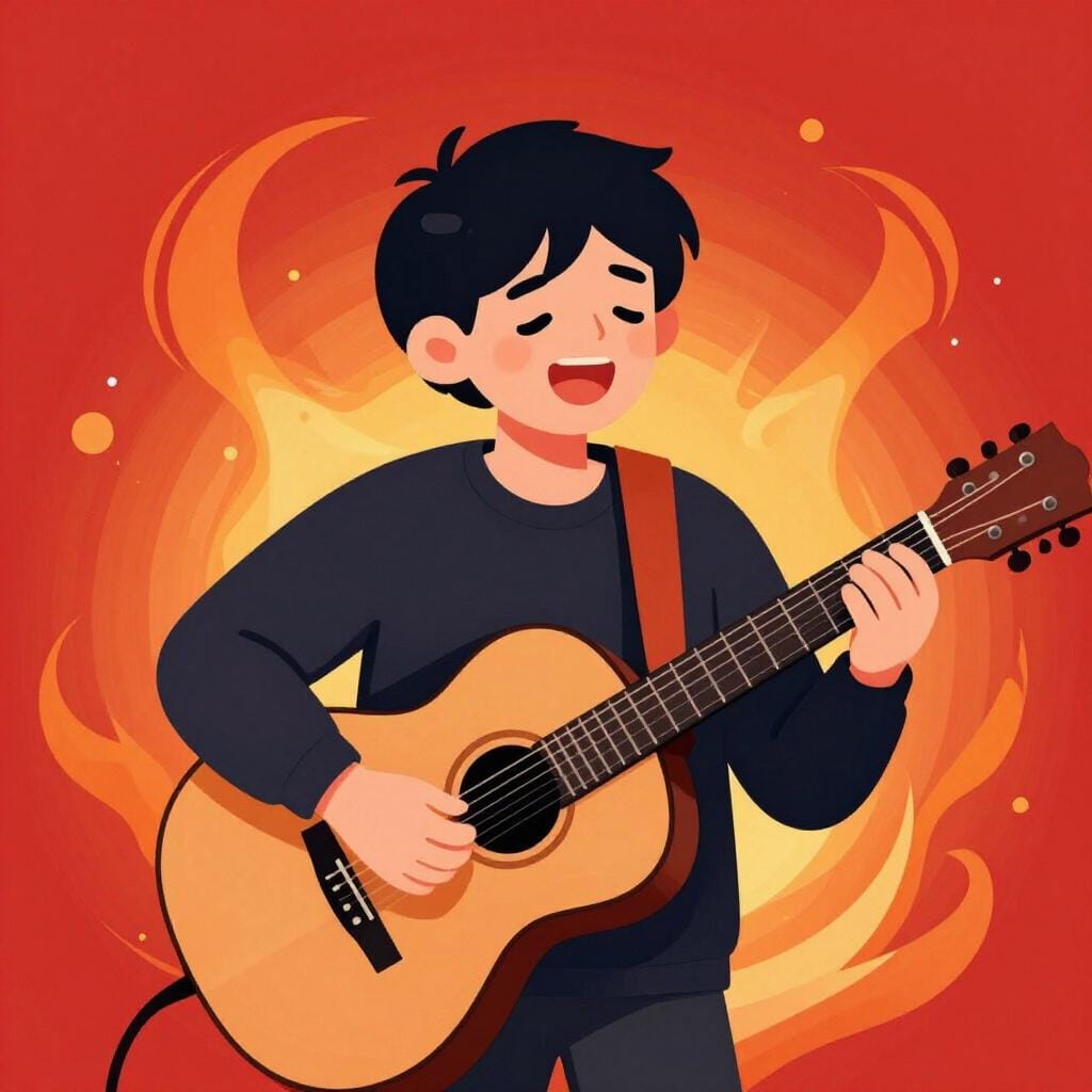 A person playing a guitar with intense emotion and vibrant colors radiating from the music.