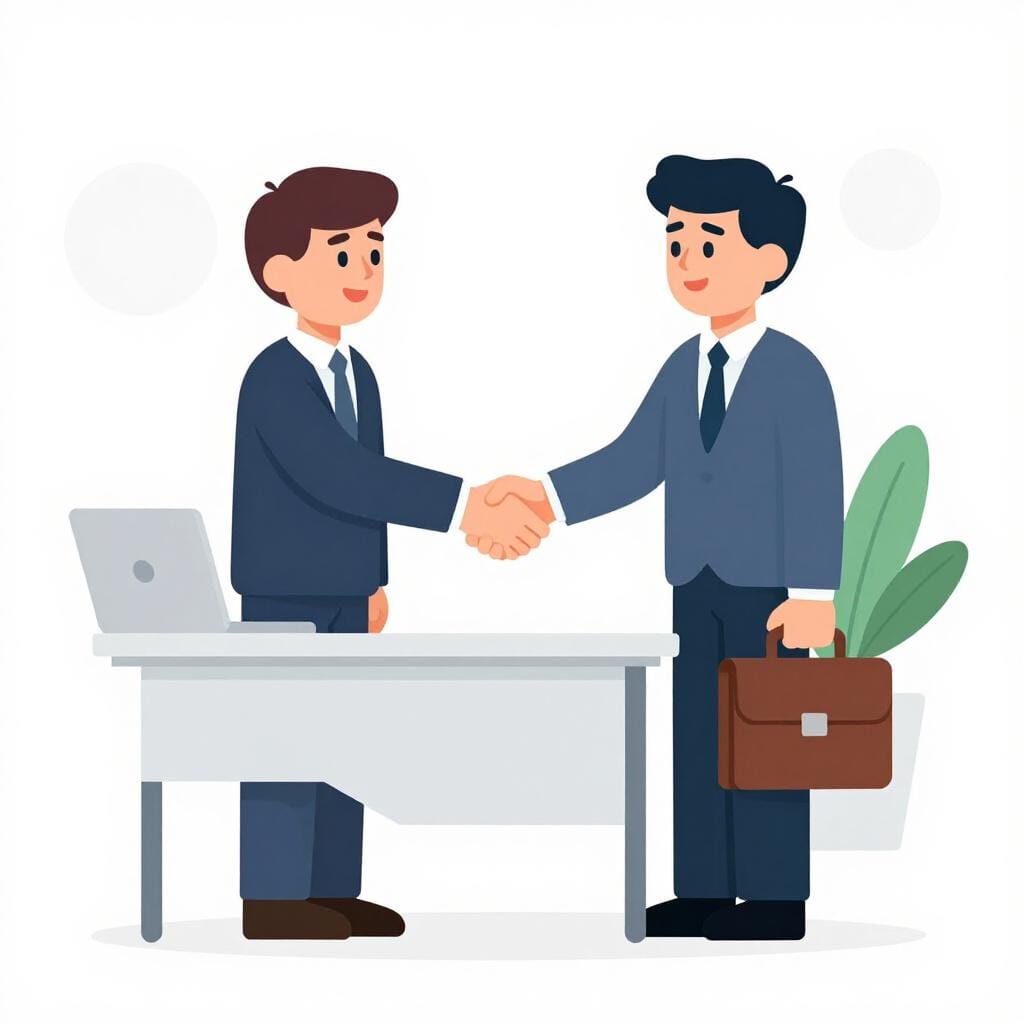 A friendly handshake between two people in a simple office setting representing a new job agreement.