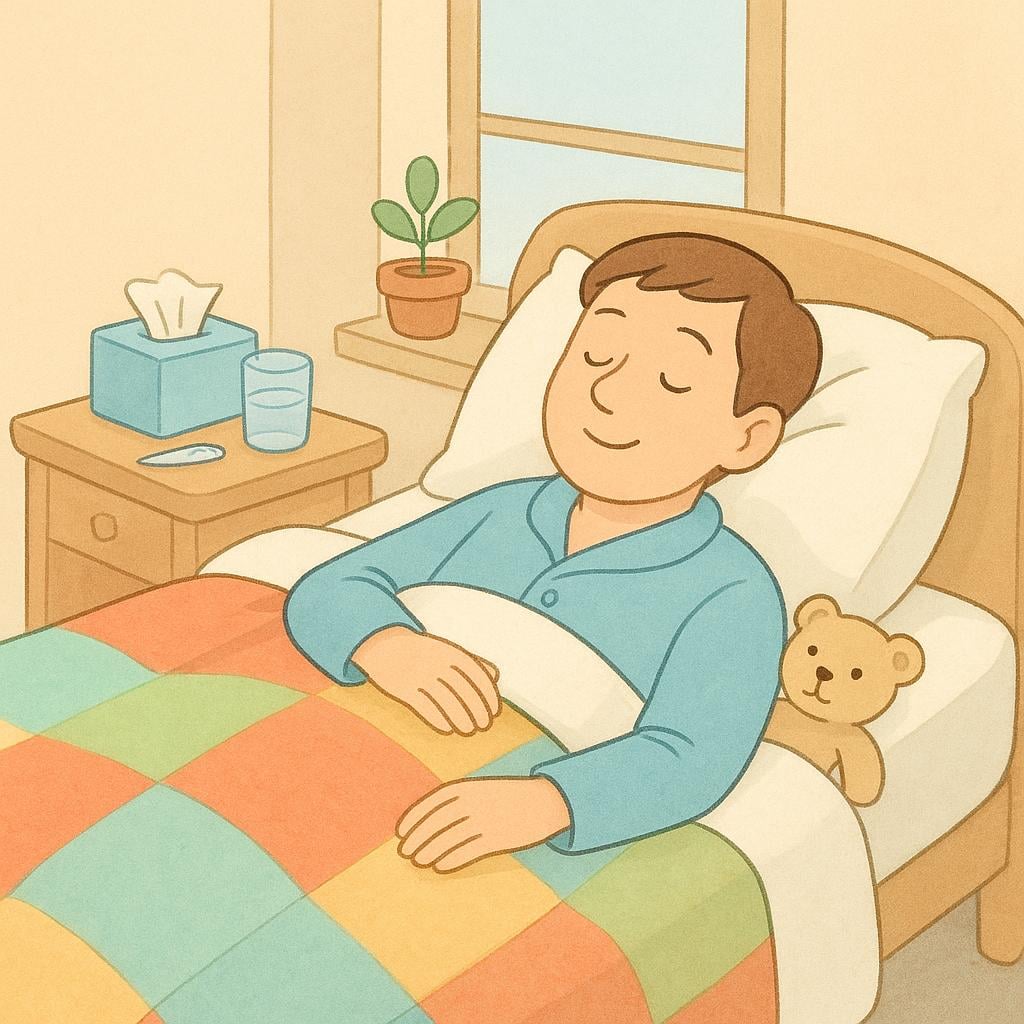 A relaxed person lying comfortably in bed with a blanket and a steaming mug, indicating they are on sick leave.