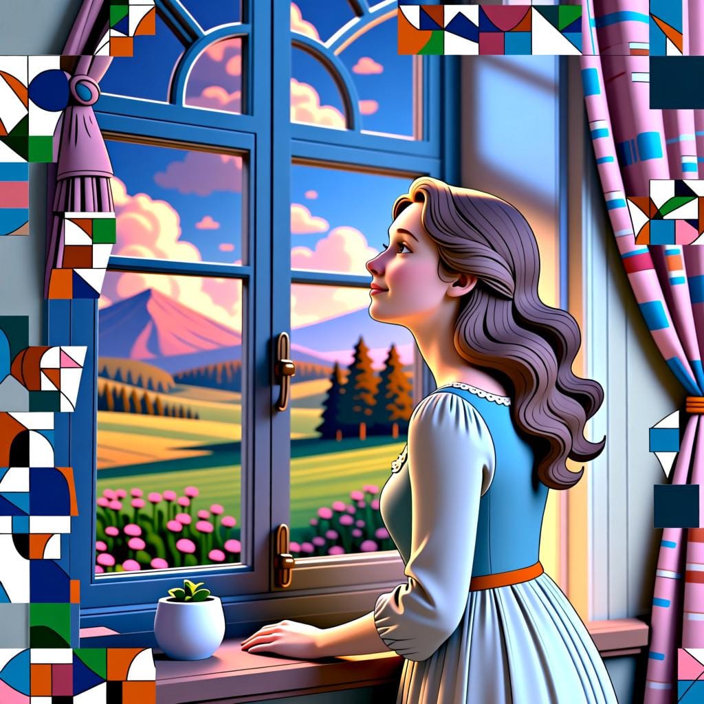 A woman looking out a window with a hopeful expression, illustrating 'espera' as in 'she waits' or 'she hopes'.