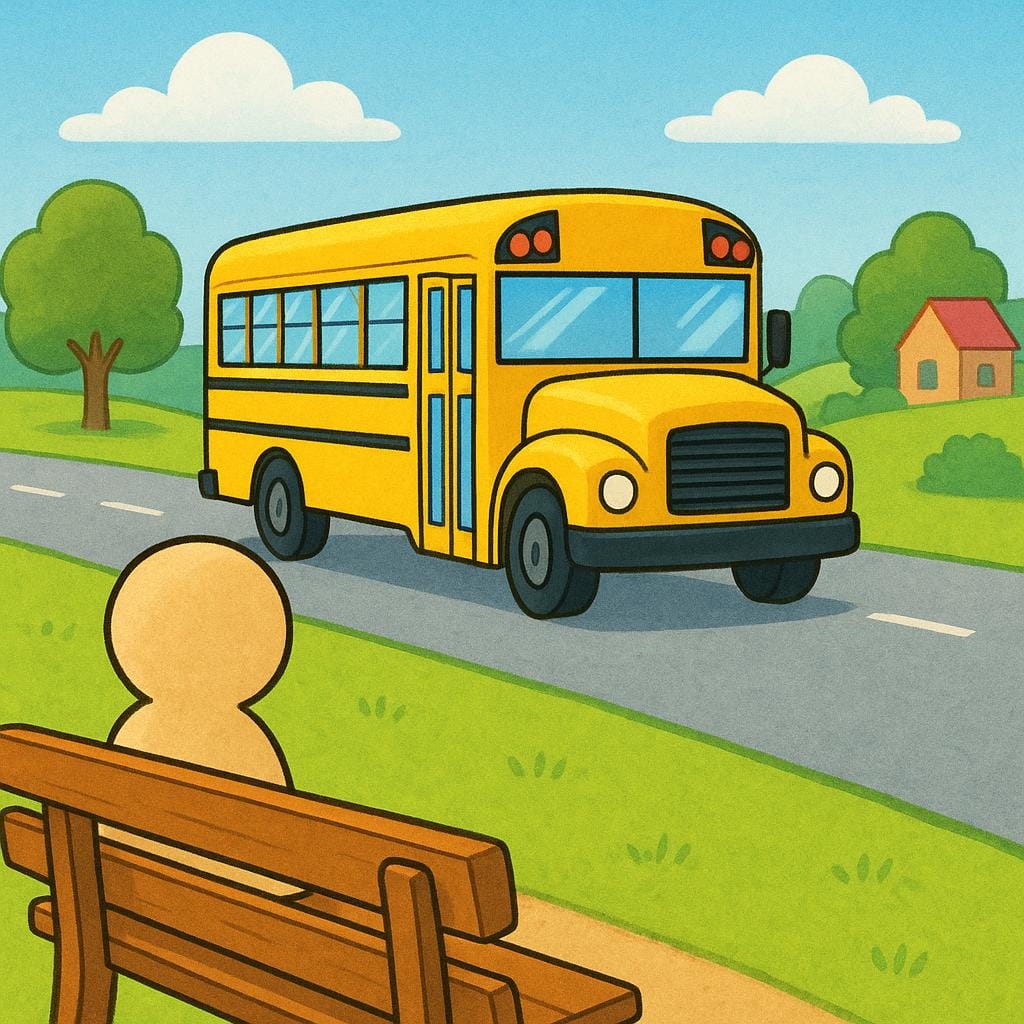 A vibrant illustration showing a large yellow bus driving down a street near a simple bus stop.