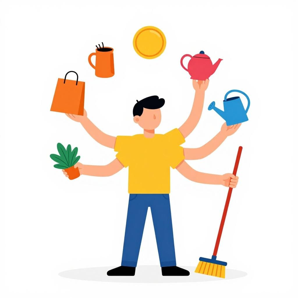 Uma ilustração de livro de histórias colorida de uma pessoa com muitos braços segurando vários itens como uma sacola de supermercado, um regador, uma vassoura e um telefone, mostrando um dia agitado.