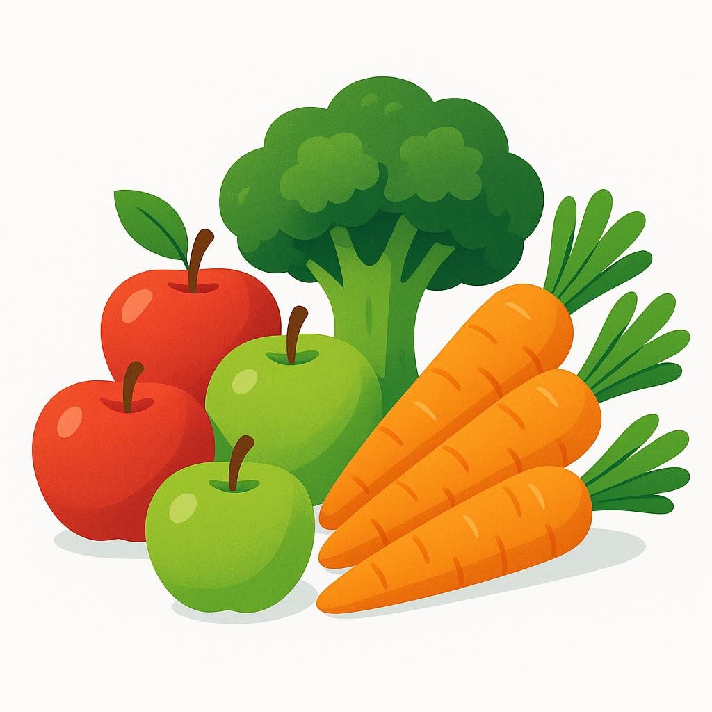 An assortment of brightly colored fresh fruits and vegetables, including apples, carrots, and broccoli, stacked together.