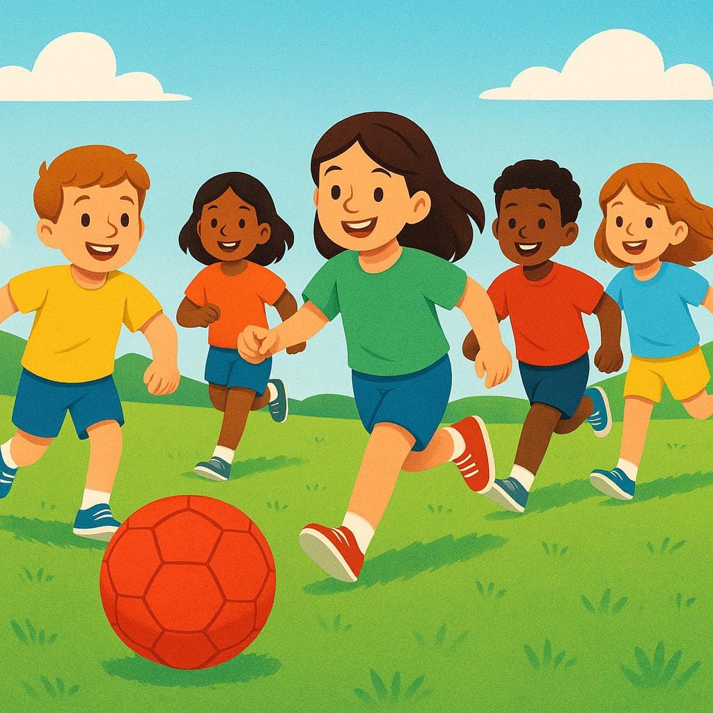 A bright red soccer ball is being enthusiastically chased by five smiling children on a sunny green field, illustrating something well-liked or common.