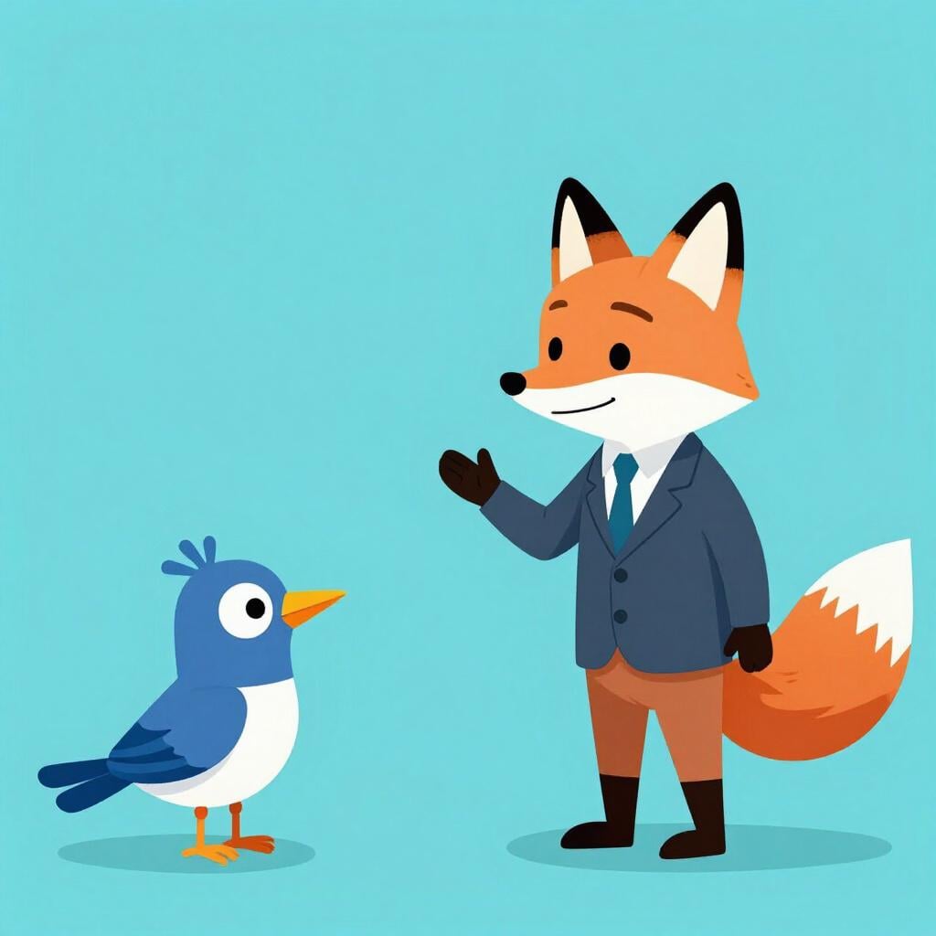 A fox wearing a suit and hat talking animatedly to a bird.