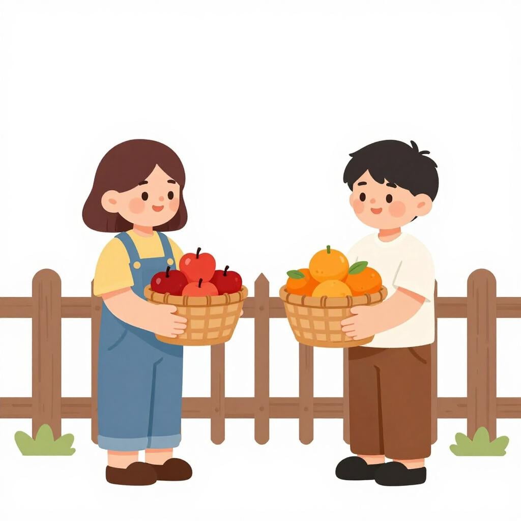 A person handing a basket of apples to a neighbor, who is handing back a basket of oranges.