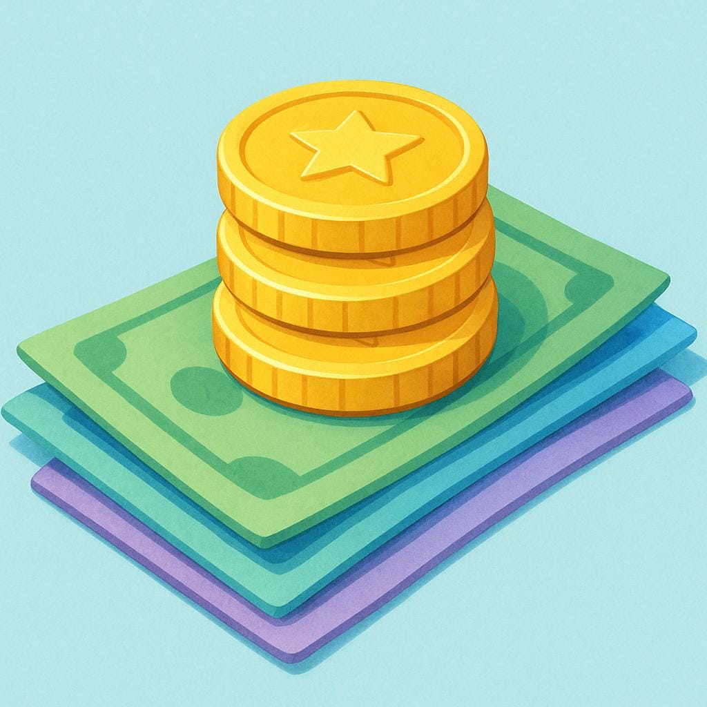 A storybook illustration featuring a small, neat pile of paper banknotes topped with a stack of shiny gold coins.