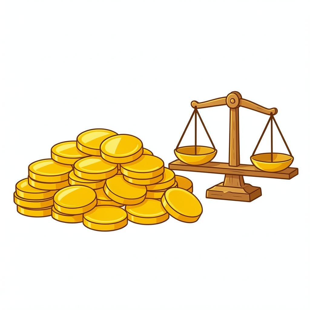 크고 무거운 금화 더미와 단순한 저울.