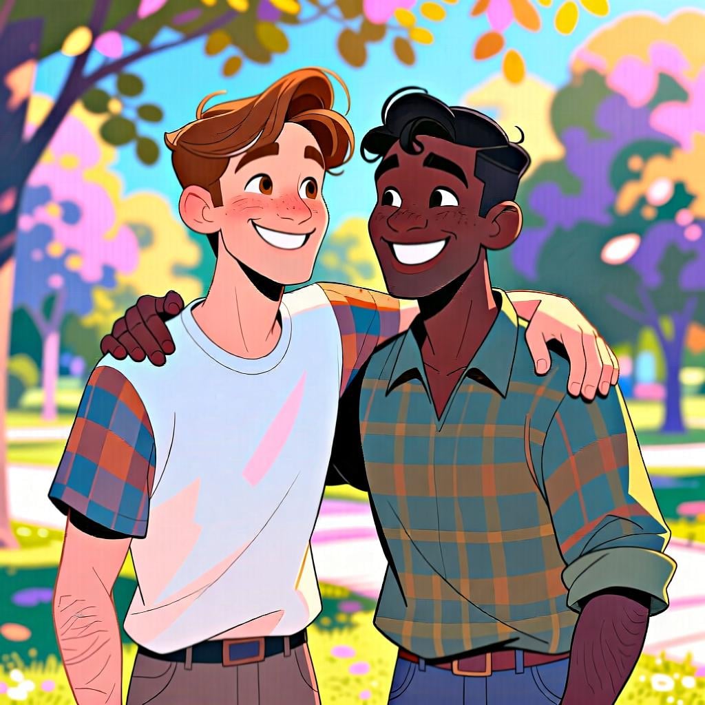 Two diverse male friends standing side-by-side with their arms around each other's shoulders, smiling warmly at the camera in a park setting.