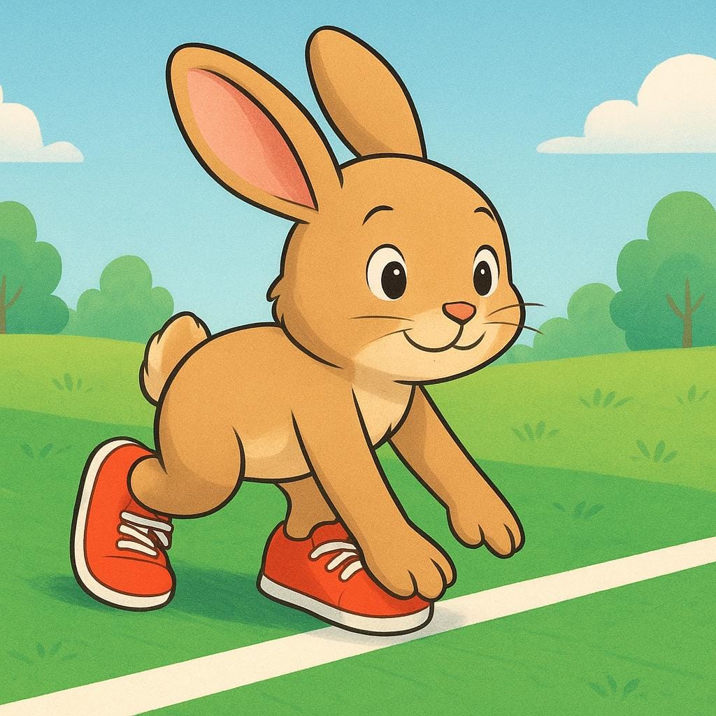A cartoon rabbit runner taking the first step past a white starting line on a bright green track, symbolizing the beginning of an action.