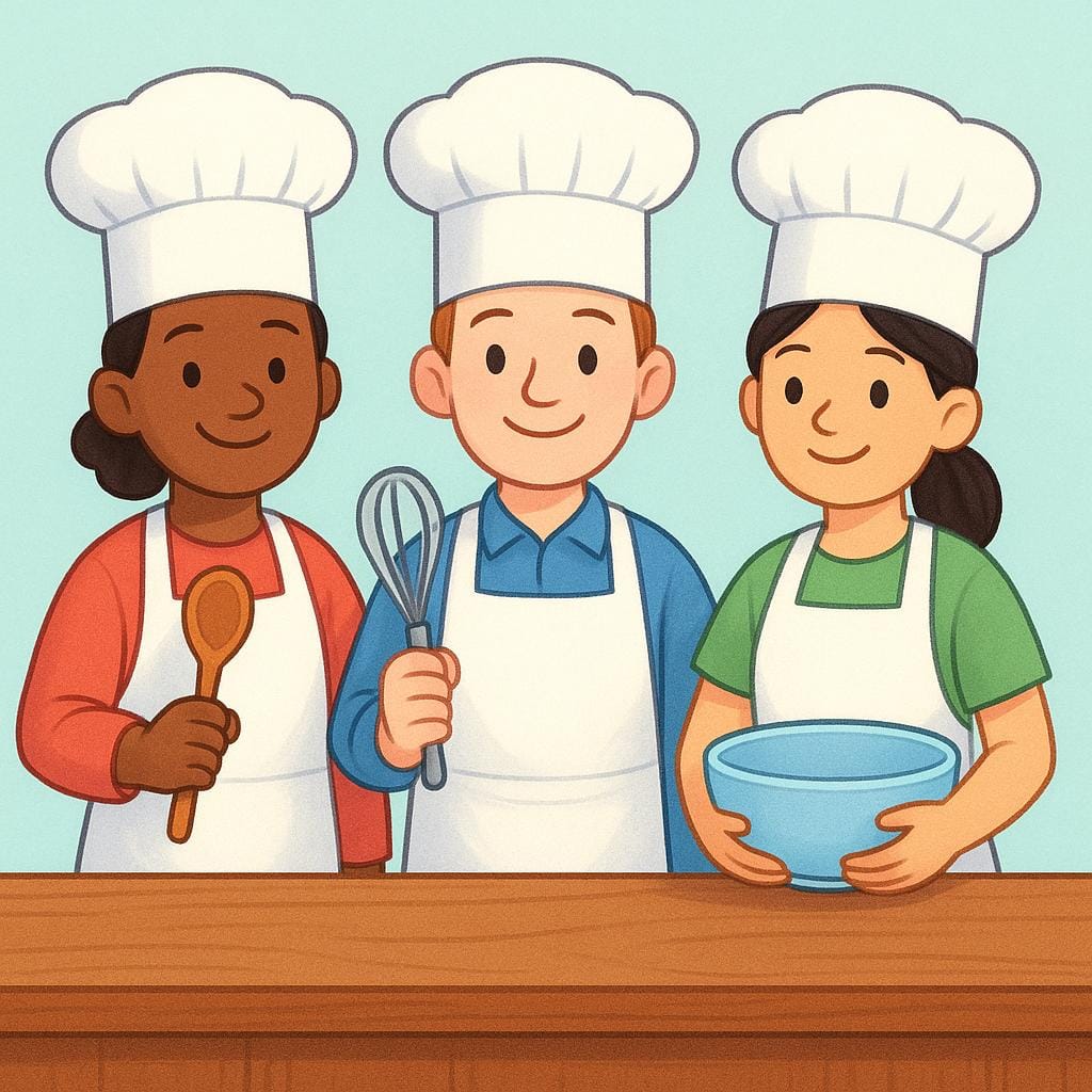 Een groep vrolijke koks in witte hoeden staat achter een aanrecht, met diverse kookgerei in de hand, klaar om te koken.