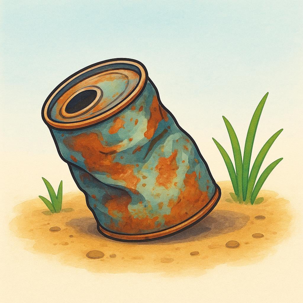 A single, dented, rusted tin can lying abandoned in a grassy field, emphasizing its worthlessness.