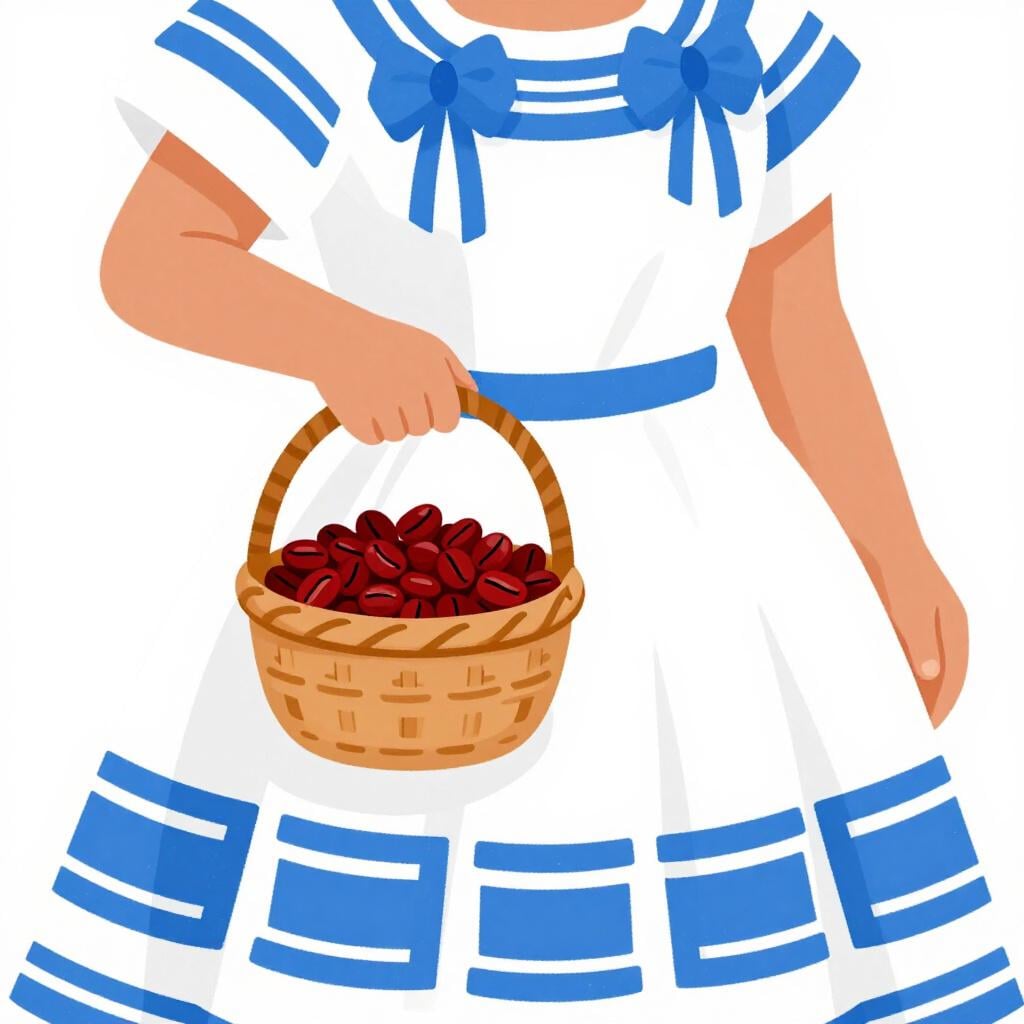 Een persoon die een traditionele Nicaraguaanse folkloristische jurk draagt, met een bos koffiebonen.