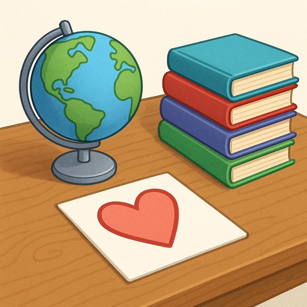 A collection of objects representing different subjects of discussion: a small globe, a simplified drawing of a heart, and a stack of colorful books, all resting on a wooden table.