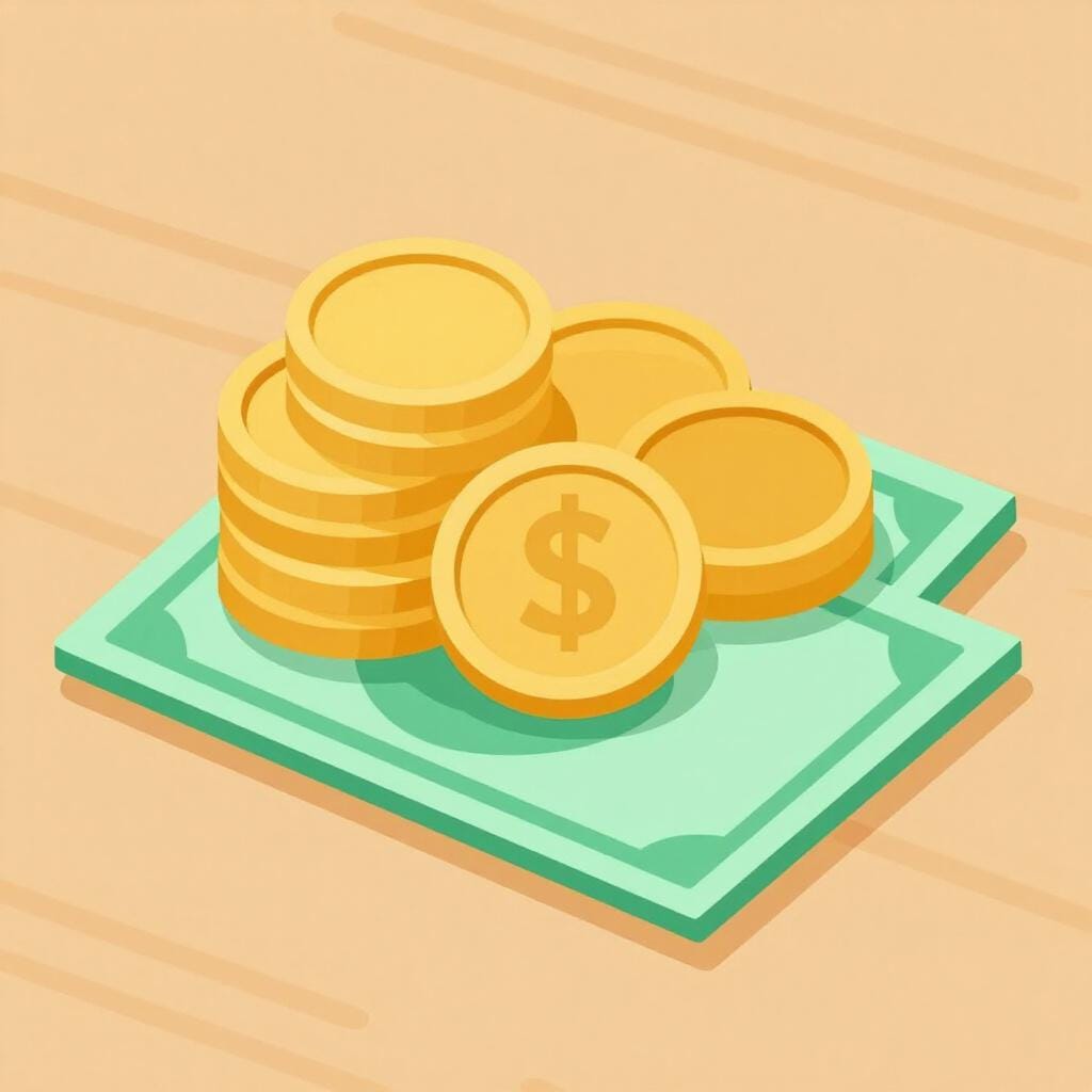 Ein Stapel Goldmünzen und ein paar Papiergeldscheine auf einer sauberen Oberfläche.